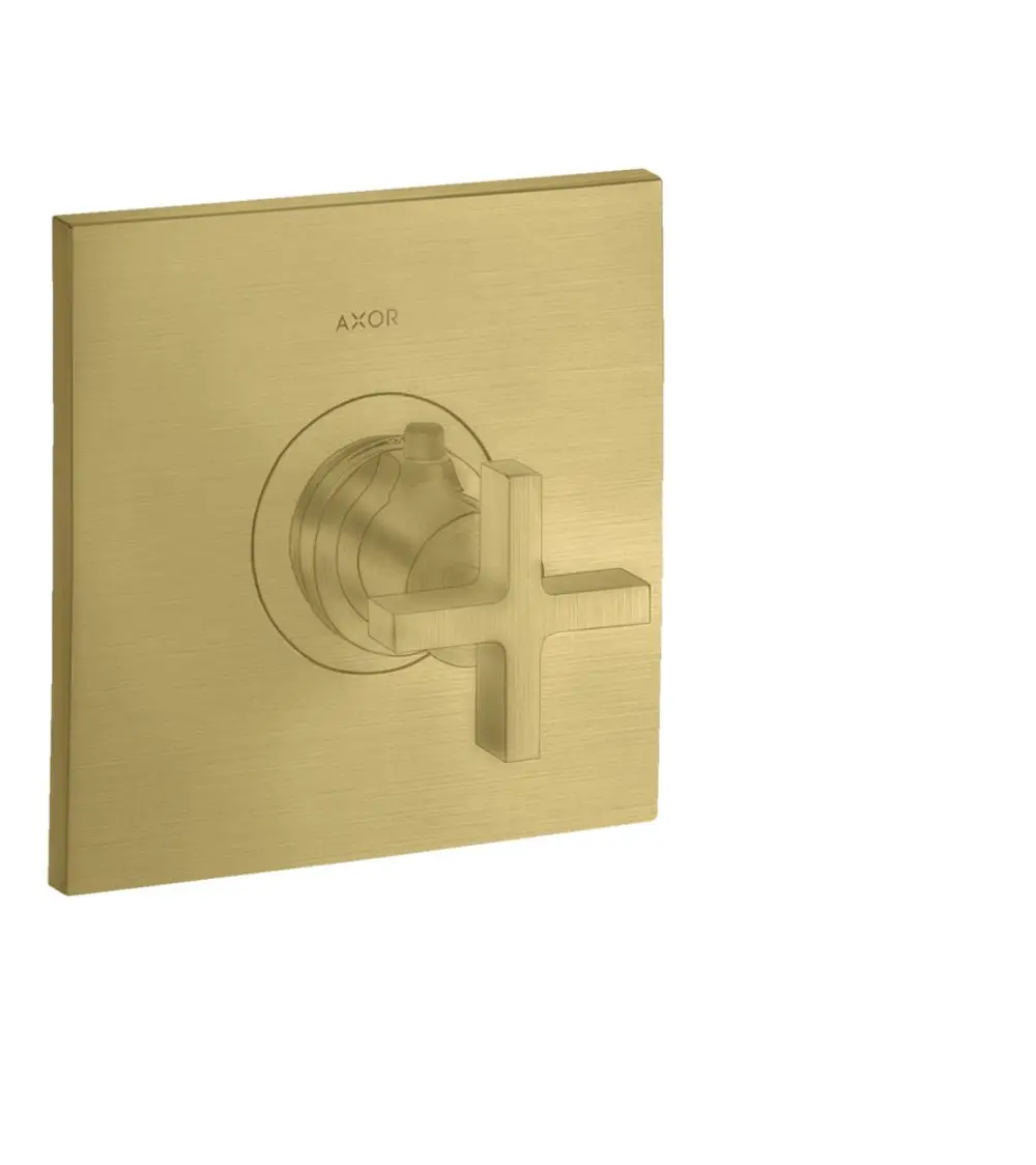 Thermostatunterputzarmatur in geb brushed brass von AXOR mit Kreuzgriff und quadratischer Blende.